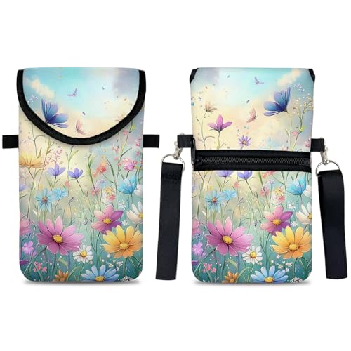 Image of Neoprene Cell Phone Sleeve Pouch Case Bag with Crossbody Strap Neck Lanyard for Women 7.5 X 4.3 in Colorful Flowers