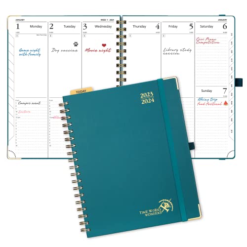 POPRUN Planner 2023-2024 (10'' x 8'') Academic Planner Weekly and Monthly (July 23-June 24) Hard Cover, Spiral Planner with Hourly Time Slots, Wirebound, Tabs, 100 GSM - Pacific Green