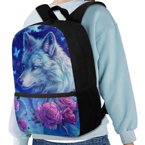 Wolf Backpack for Girls 8-10/12-14 Bookbag Kids Pink Rose Elementary School Bag Student Bookbag 17 Inch Middle School Student Back Pack Schoolbag with Side Pocket4