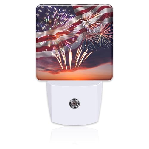 Image of America Flag with Fireworks Night Light Plug into Wall,Retro The USA Flag Patriotic Dusk to Dawn Night Light,0.5w Energy Saving Sleep Friendly Nightlights for Kids Boys Girls Home