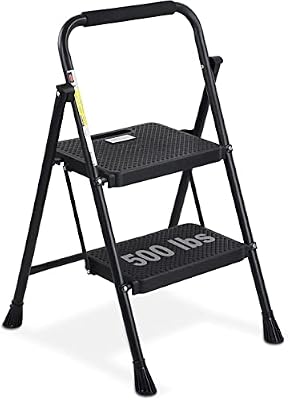 HBTower 2 Step Ladder, Folding Step Stool with Wide Anti-Slip Pedal, Sturdy Steel Ladder, Convenient Handgrip, Lightweight 500lbs Portable Steel Step Stool, Black