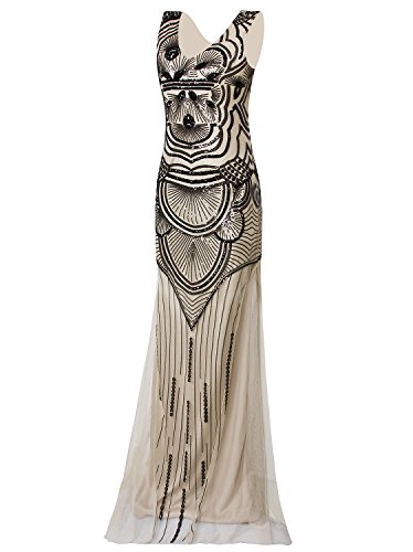 Vijiv 1920S Long Maxi Prom Gowns Sequin Mermaid Bridesmaid Formal Evening Dress, Black Beige, Small #TOP1