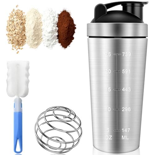 Coctelera de Proteínas Acero Inoxidable 750ml con Bola Mezcladora y Cepillo Limpieza, Protein Shaker Botella Batidora Metalico, Bote Batido Proteinas Mezclador Sport para Fitness, Ciclismo, Regalos