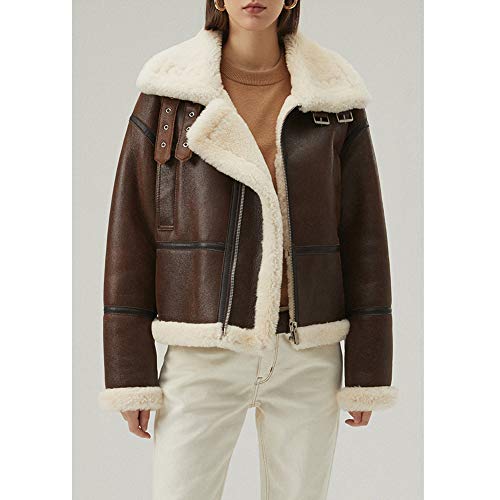 New Womens Shearling Jacket Short Fur Coat Brown Leather Jacket Winter Motorcycle Jacket (Dark Brown, Large) #TOP1