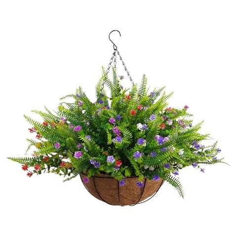 Mynse Flo Hanging Basket Artificial Ferns Green Plant Hanging Flowerpot for Outdoor Balcony Decoration (Big Basket and Artificial Flowers) Cover