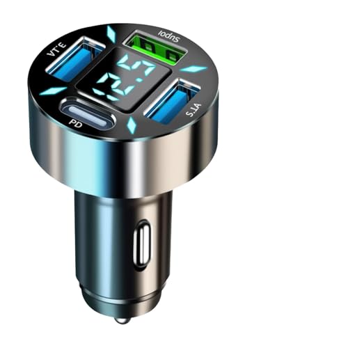 4 Puertos Cargador Mechero USB Carga Rapida, Cargador Movil Coche 50W QC3.0&PD Coche con Voltímetro LED, Compatible con Phone, Android, Tabletas y Teléfonos Inteligentes