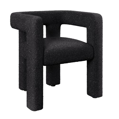 Image of BELLEZE Modern Boucle Barrel Dining Chair, Upholstered Linen Kitchen Boucle Armchair with Sidearms and Back, for Dining Room Living Room- Black