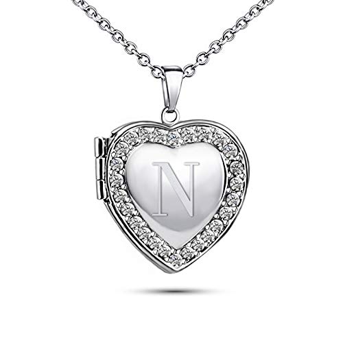 KunBead Name Initial Custom Heart Locket Letter Love Pendant Necklace for Women with Birthstone That Holds Pictures