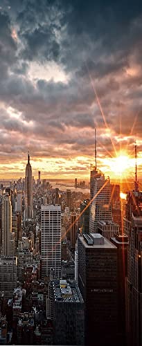 A.Monamour Sticker Porte Autocollant Poster De Porte 3D Coucher De Soleil À Manhattan Paysage Panoramique De La Ville De New York Vinyle Affiche De Porte...