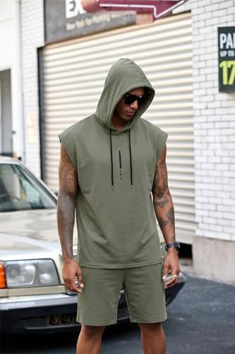 Image of Lexiart Mens Short Sets Sleeveless Workout Hooded 2 Pieces Outfits
