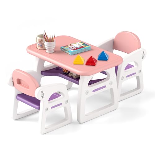 HONEY JOY Kids Table and Chair Set, Plastic Children Activity Table and 2 Chairs w/Building Blocks, Storage, for Art Craft, Toddler Table and Chair Set for Daycare Playroom, Gift for Boys Girls (Pink)