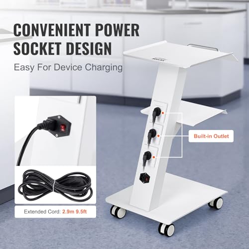 Image of VEVOR Rolling Esthetician Cart with 3 Built-in Sockets, 3-Tier Metal Medical Trolley on Swivel Wheels, Mobile Ultrasonic Tray Cart, for Lab, Clinic, Beauty and Dental, 220 lbs Weight Capacity
