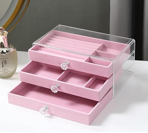 Image of Vlando 3 layer jewelry storage box 3 Drawers Transparent Clear Ring Necklace Piercing Earrings Bracelet Watch Jewellery Organiser Jewellery Box Acrylic Container for Ring Necklace Home (Pink)