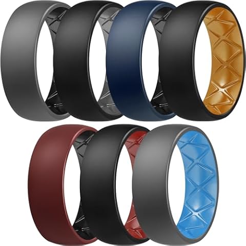 Egnaro Silicone Ring Men 1/4/5/6/7 Multipack of Breathable Mens Silicone Rubber Wedding Rings Bands with Air Flow Grooves Cover