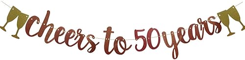 Cartel de "Cheers To 50 Years", pre-encordado, decoración de fiesta de papel de oro rosa con purpurina para 50 años, aniversario de boda,