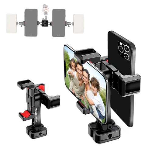 Manbily Soporte de trípode para teléfono, adaptador de metal para smartphone con soporte doble para teléfono, giratorio de 360°, abrazadera de clip ajustable compatible con teléfonos celulares iPhone,