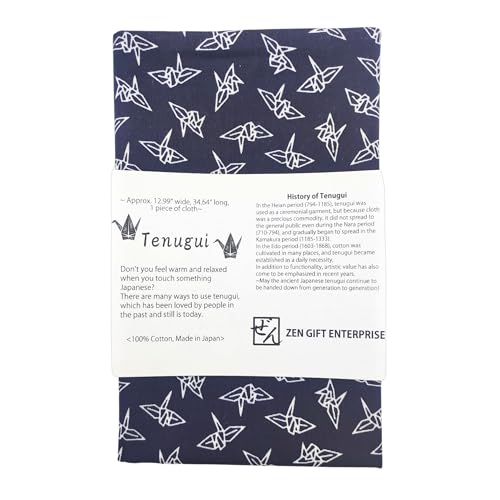 Tenugui Traditional Towel Made in Japan Fray Prevention 100% Cotton Eco Friendly Kitchen Towel Gift Wrapping Orizuru Crane Pattern White on Navy Blue 34.64' L x 12.99' W (88 × 33 cm).