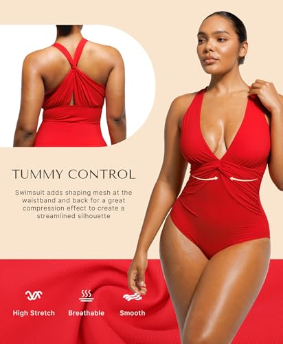 Image of SHAPELLX Women's One Piece Swimsuit Tummy Control Ruched Full Coverage Bathing Suit V Neck Slimming Swimwear