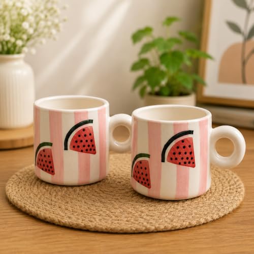 Image of Niyara Stoneware Handmade Premium Ceramic Tea Cups and Coffee Mugs Set of 2 (Watermelon Printed)