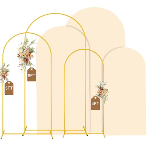 MODFUNS Metal Arch Backdrop Stand and Cover Set 4&5&6ft Beige Wedding Arch Covers Gold Arched Cover Set of 3 Chiara Arches Backdrop Cover for Wedding Ceremony Party Banquet Decoration