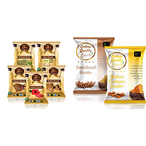Online Quality Store Amla Reetha Shikakai, Bhringraj & Hibiscus Powder For Hair, 200G & Kasturi Turmeric Powder For Face, 100G + Sandalwood Powder Pure Organic For Face, 100G | For Dry Hair - 4 Count