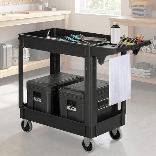 WUDLEP Heavy Duty Plastic Utility Cart, 40 x 17 x 34 Inch, 2-Tier Service Cart with Deep Shelves, Full Swivel Wheels, 550 lbs Capacity, Transport Cart for Warehouse