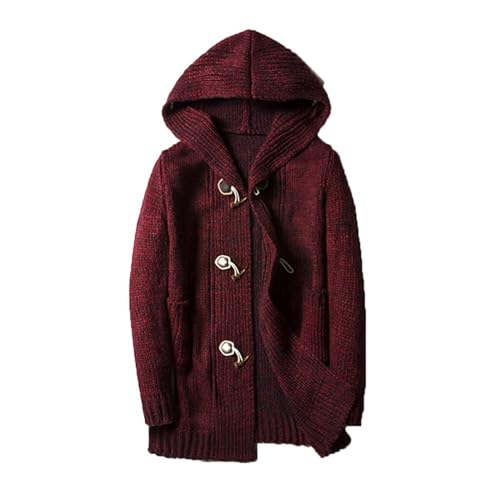 UPGENT Men's Mid-Length Knit Cardigan Sweater Autumn Winter Plus Size Hooded Open Front Sweatercoat with Pockets (Color : Wine, Size : XXXXXL/XXXXX-Large)