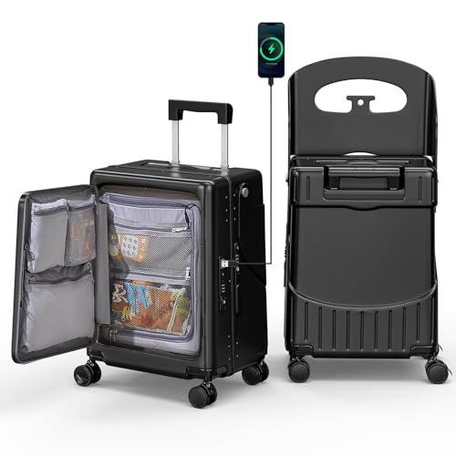 Hardshell Carry On Suitcase with Child Seat, Black Travel Luggage with Front Compartment & 4 Lockable Spinner Wheels, TSA Lock, USB Port, Luggage Cover, Safty Seatbelt (Front-Opening Black, 20 Inch)