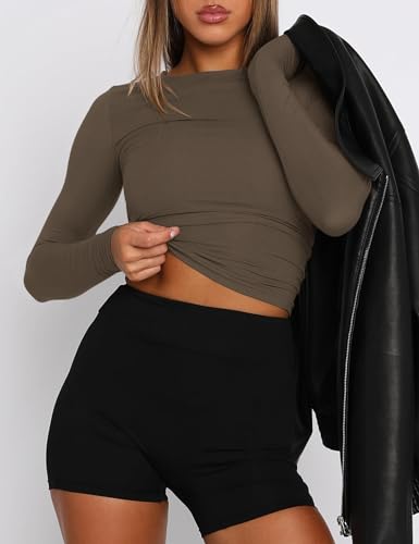 Image of AKEWEI Long Sleeve Crop Tops for Women 2 Pack Fall Going Out Outfits Cute Tight Basic Tees Shirt