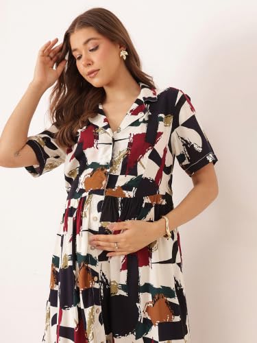 Image of ZELENA Rayon Lapel Neck Zipless Maternity Feeding Dress