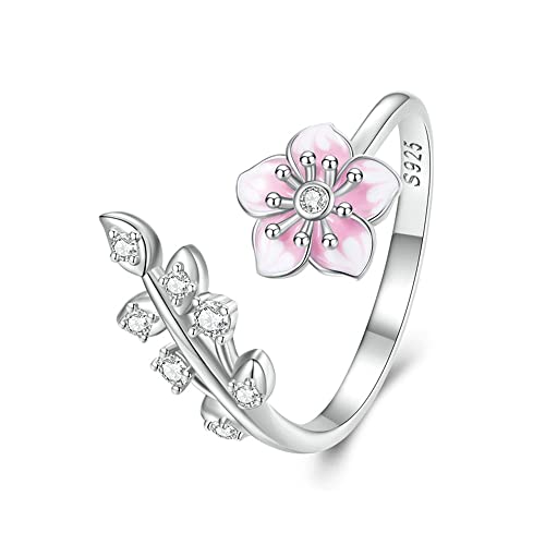 Pink Cherry Blossoms Open Adjustable Ring S925 Sterling Silver Hypoallergenic Imitation Crystal Wedding Rings Promise Love Engagement Statement Imitation Cubic Zirconia Flower Jewelry for Women Bff