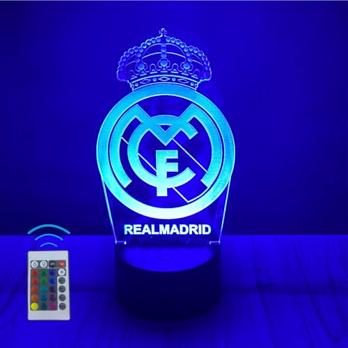 Riscko Lampara 3D Futbol Juguete de luz nocturna 3D, adecuado para la decoración del hogar de la habitación de los niños 16 cambios de color con control táctil y con mando (real madrid)