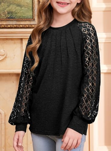 Image of blibean Girls Fall Long Sleeve Shirts Casual Lace Tops Size 6-15 Years