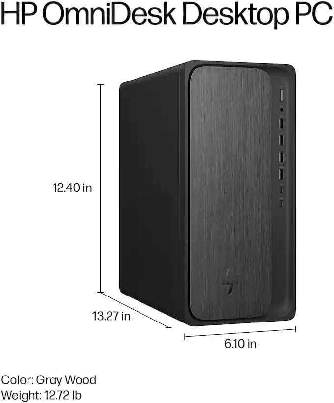 Image of HP OmniDesk Tower Desktop PC, AMD Ryzen 3 8300G 4‑Core Processor up to 4.9GHz, 8GB DDR5 5200MHz RAM, 256GB PCIe SSD, AMD Radeon 740M, Wi‑Fi 6, Windows 11 Home, Gray Wood, Keyboard & Mouse