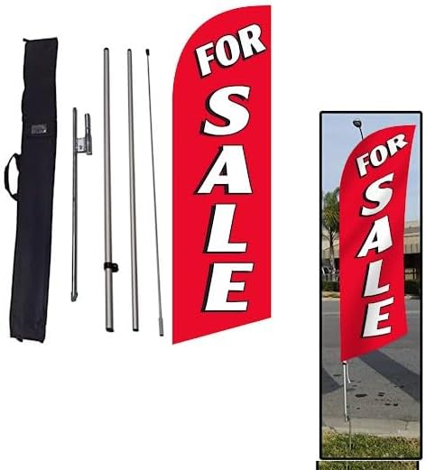 Real Estate For Sale Feather Banner Flag Sign with Flag Pole, Ground Stake, and Travel Bag