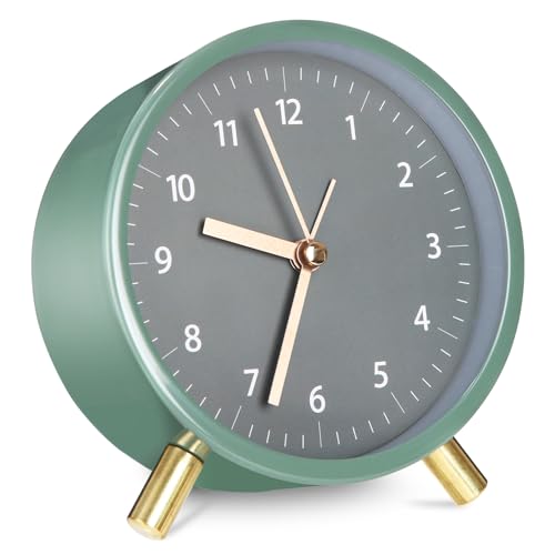 TIDEVAN Reloj Despertador Analógico Reloj Despertador de Metal Redondo Verde Reloj Despertador Analógico Silencioso sin Tictac con Luz Nocturna para Dormitorio Oficina Viajes