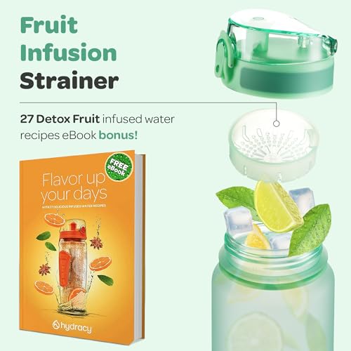 Image of Hydracy Water Bottle with Time Marker - Large 500 ml 17 Oz BPA Free Water Bottle - Leak Proof & No Sweat Gym Bottle with Fruit Infuser Strainer - Ideal for Fitness or Sports & Outdoors - Aqua Green | Leak Proof Gym Bottle with times to drink and no sweat Sleeve - Ideal for Fitness Sports & Outdoors