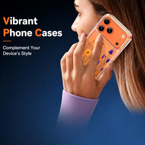 Image of Elzzi Floral Case for iPhone 17 Pro Max, Lavender Flower Clear Phone Case for Women Girls, Cute Aesthetic Purple Botanical Transparent Shockproof Protective Slim Cover (Orange with Leaf)