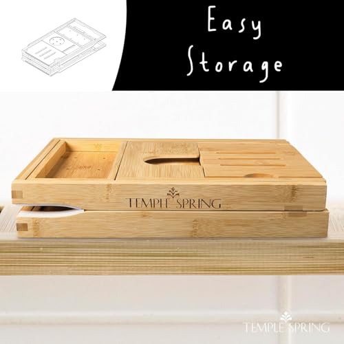 Foldable-Bamboo-Bathtub-Tray-Caddy-for-Tub--Expandable-One-Piece-Wood-Bath-Table-with-Wine-Holder-Book-Stand-and-Non-Slip-Pads--Space-Saving-Bath-Caddy--Housewarming