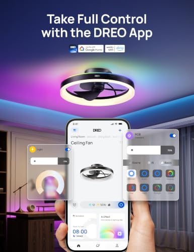 DREO Smart RGBIC Ceiling Fans with Lights, Low profile Ceiling Fan with Alexa/App, 20'' Dimmable Lighting & Color Tuning, 22dB Quiet for Bedroom, Game Room, Easy Installation, Black — view 5