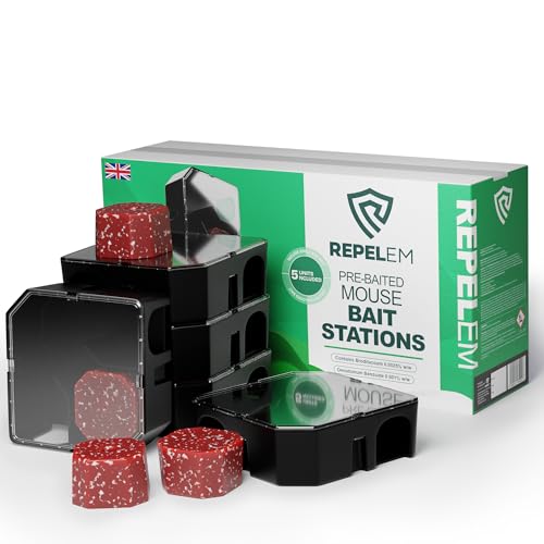 REPELEM 5 x Pre-Baited Mouse Bait Station Kit - Mouse Poisoning Indoor Single-Feed Brodifenacoum Poison Ready to Use Poisoning Bait For the control of Mice Indoors | Easy Rodent control