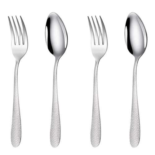 Image of Sterling Silver Hammered 4-Piece Cutlery Set | 2 Tablespoons & 2 Dinner Forks (8.1 inch) | Durable Stainless Steel Tableware for Home, Restaurants, and Gift Giving