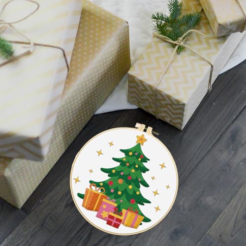 Image of FREEBLOSS 4 Set 20cm Christmas Tree Embroidery Kit Cross Stitch Kit with Stamped Christmas Pattern Embroidery Kit for Beginners Instructions Included Embroidery Starter Kit for Adults