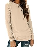 Sherosa Womens Tops Casual Long Sleeve Shirts O Neck Loose Fit Solid Color Basic Tee Shirts Cream,L