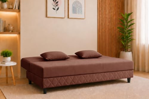 Image of Velvet Fabric Sofa Cum Bed | 3 Seater Sofa Bed | Premium Upholstered Folding Couch for Living Room, Guest Room & Bedroom | Quilted Backrest with 2 Cushions (Brown)