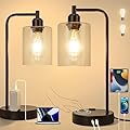 Yarra-Decor Industrial Bedside Table Lamp Set of 2 3-Way Dimmable Lamps for Bedroom Modern USB Nightstand Lamp with Glass Shade Reading Table Lamps for Dorm, Office (LED Bulb Included)