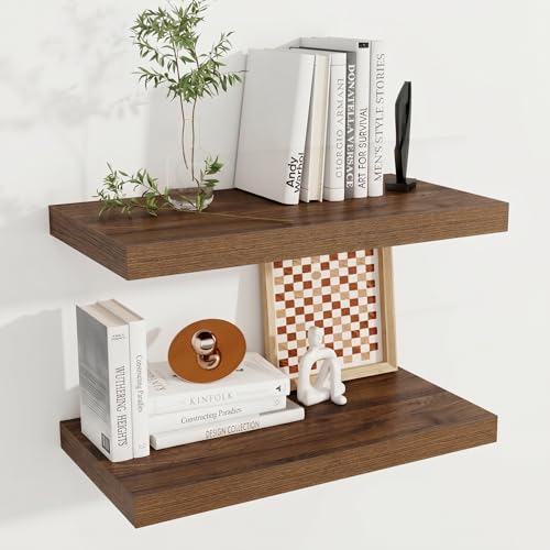 Image of Fun Memories 24 x 12 Inch Deep Floating Shelves, 12 Inch Deep Rustic Wooden Book Shelf, Extra Deeper & Thicker Hanging Shelves for Living Room, Bathroom, Bedroom, Kitchen, Office, Set of 2 (Walnut)