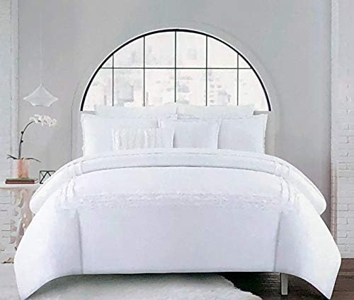Hotel Collection 3pc Duvet Cover Set Solid White with Textured Fringed Embroidered Stripes (Full/Queen)