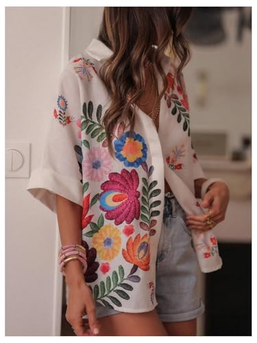 GORGLITTER Women's Fall Western Shirts Floral Oversized Button Down Blouses Short Sleeve Collared Boho Tops3