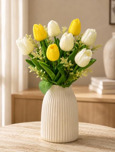 Image of Divyakosh Artificial Flowers Bunch (Vase Not Included). Artificial Flower for Vase Flower Bouquet Gift, 8 Artificial Tulips (5 Ivory White & 3 Soft Yellow), Home Decor for Living Room